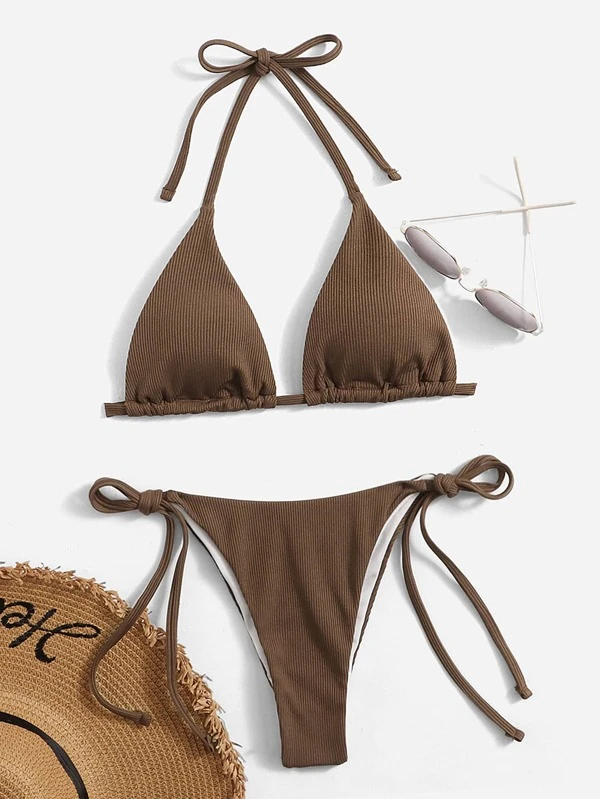 Bikini swimwear with a triangle halterneck and side tie