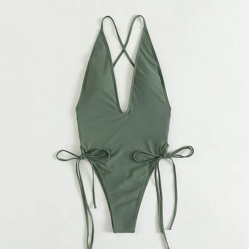  A one-piece swimsuit with a plunging neckline and a tie strap