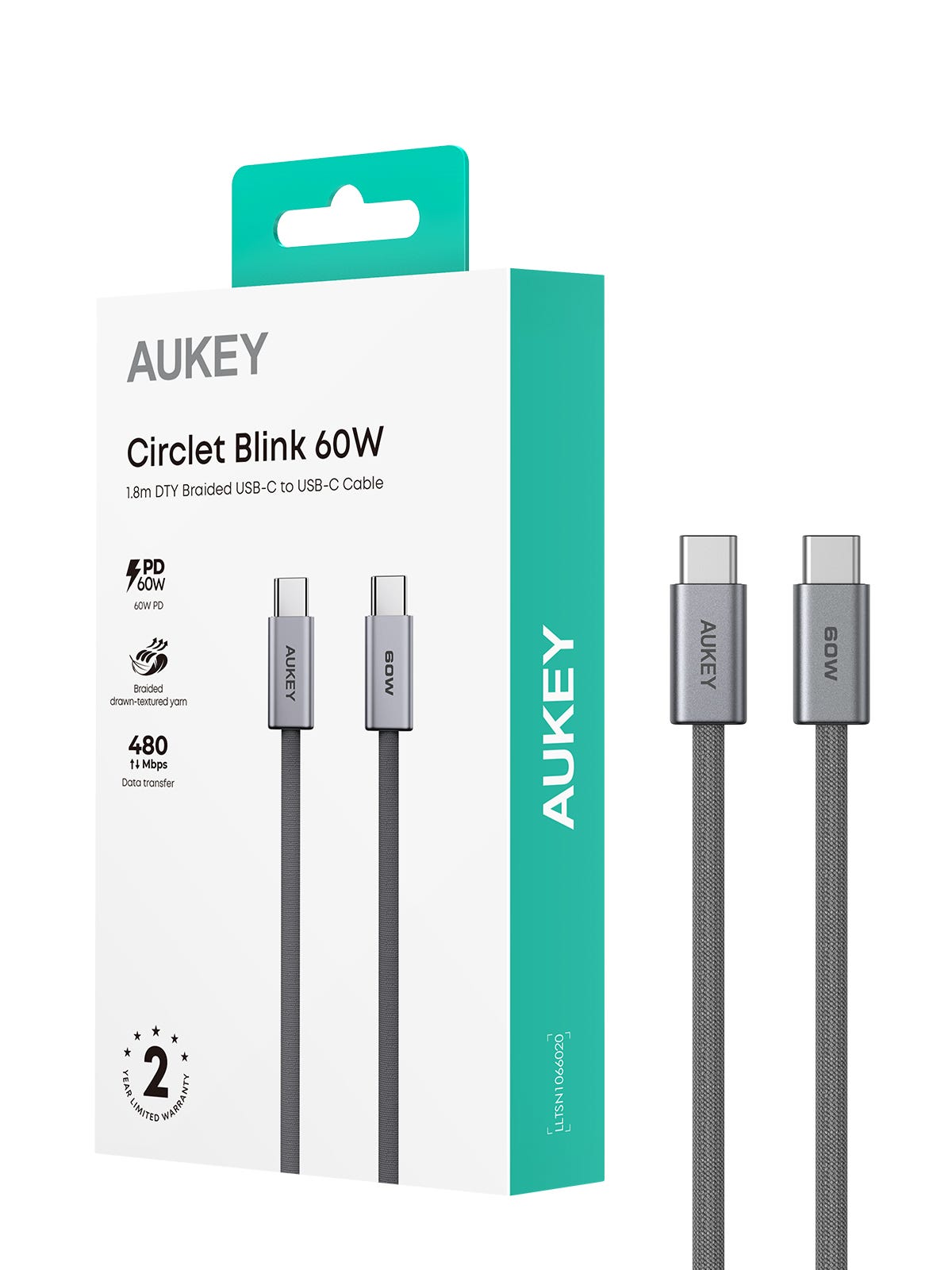 AUKEY 60W DTY Braided C-to-C Cable CB-DCC062-GY