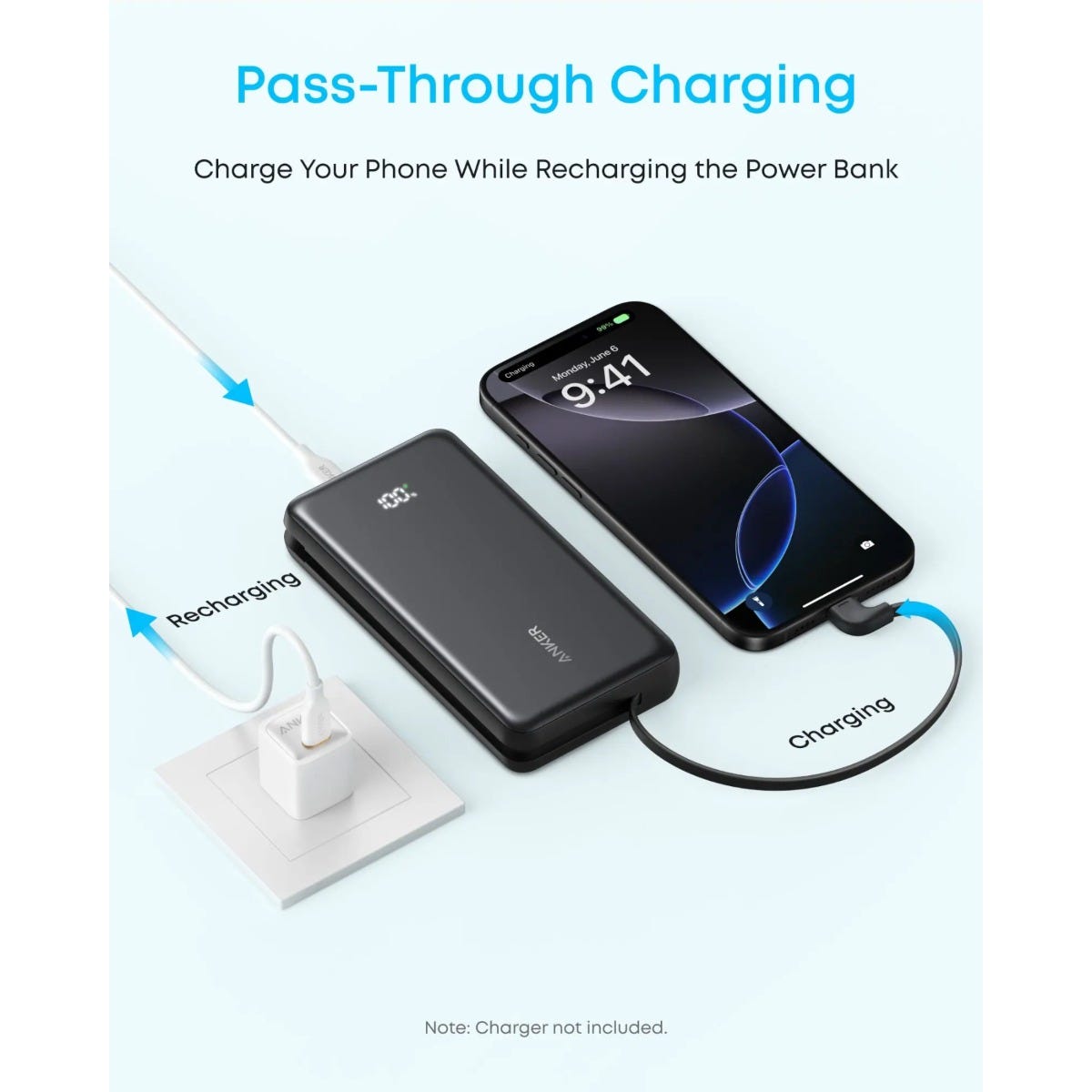 Anker Zolo Power Bank (20K, 22.5W, Built-In USB-C Cable) Bla