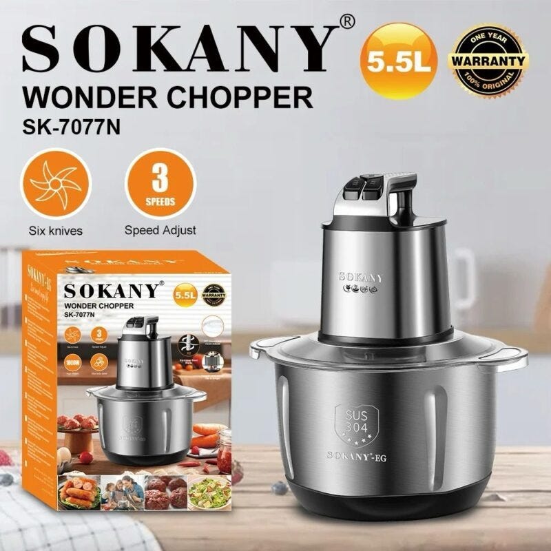 Sokany Stainless Steel Chopper, 5.5L, 1000W 1 Extra Blade