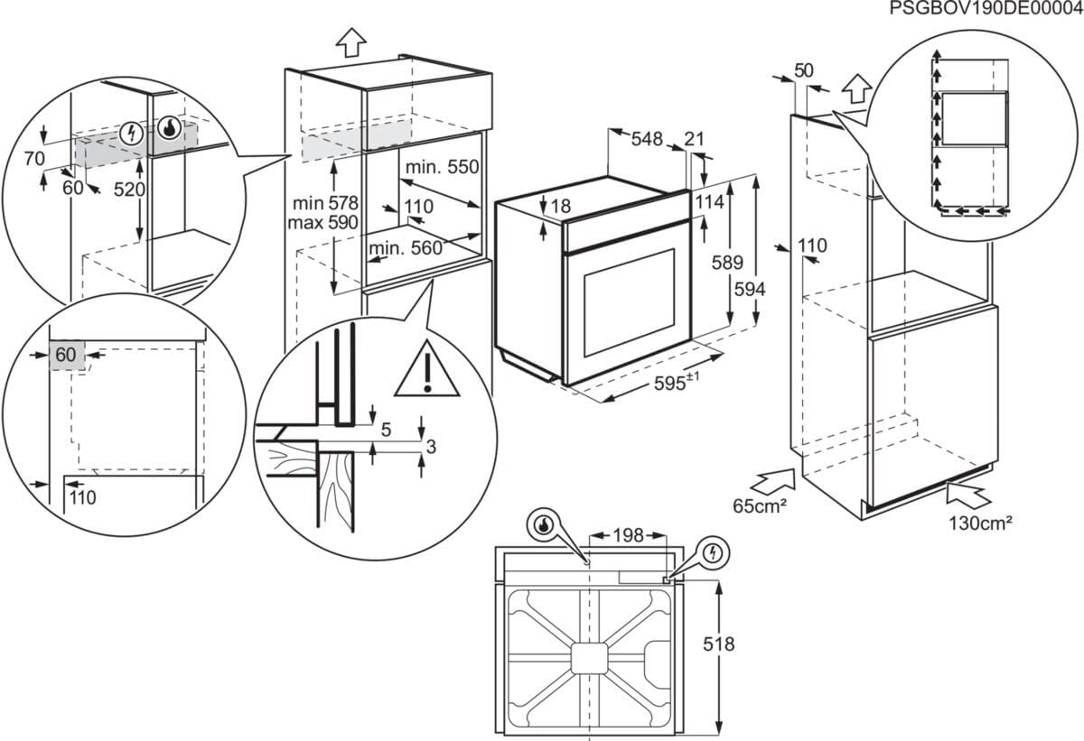 Built In Zanussi Oven 60 cm - Gas - Grill Safety- Stainless