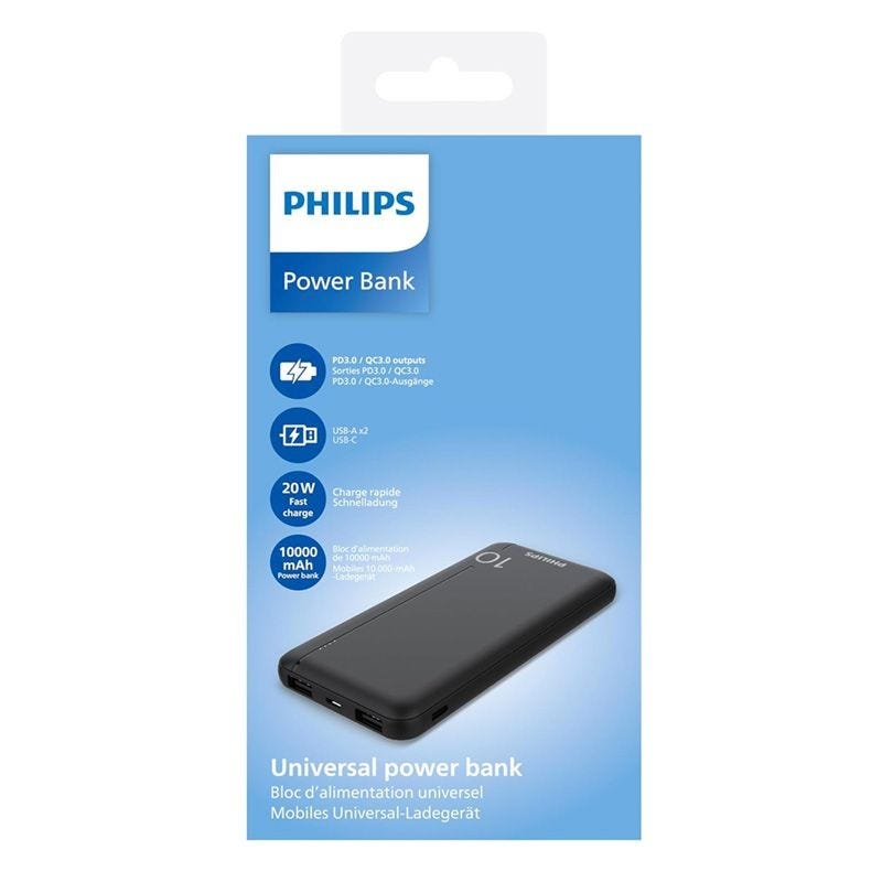 Philips Power Bank 10,000mAh USB-A & USB-C - Black